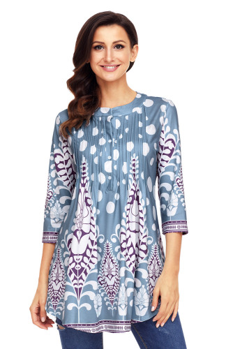 Light Blue White Floral Print Flowy Blouse