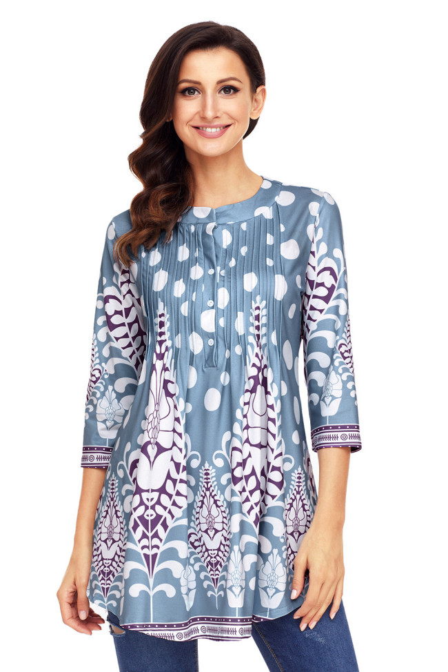 Light Blue White Floral Print Flowy Blouse