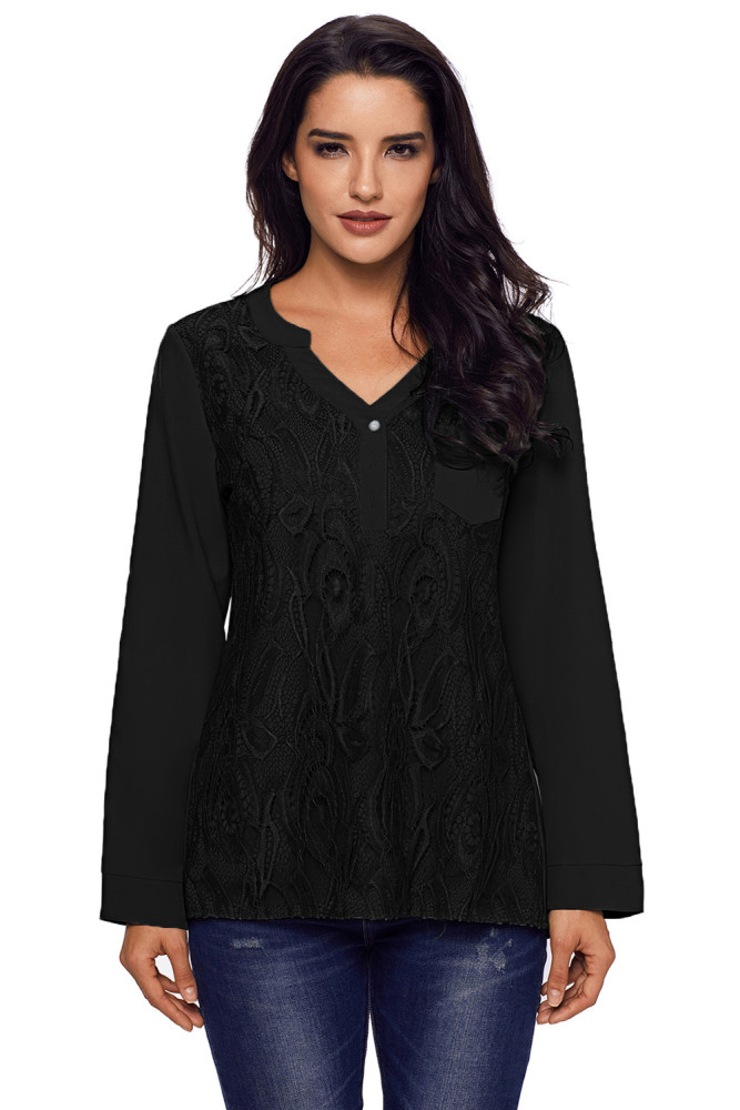 Black Lace Panel Split Neck Roll Tab Sleeve Blouse