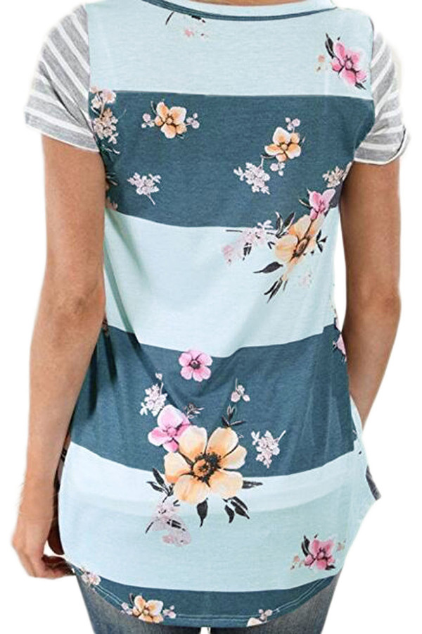 Grey White Colorblock Floral Striped Casual T-shirt