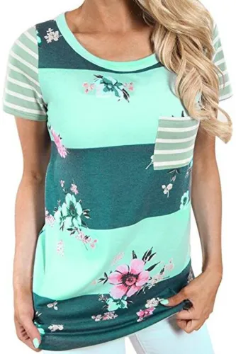 Green Colorblock Floral Striped Casual T-shirt