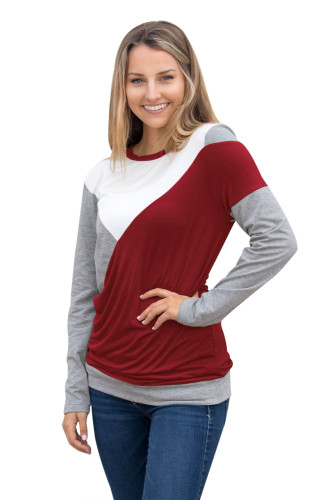 Burgundy Shoulder Slope Trio Color Block Sweatshirt