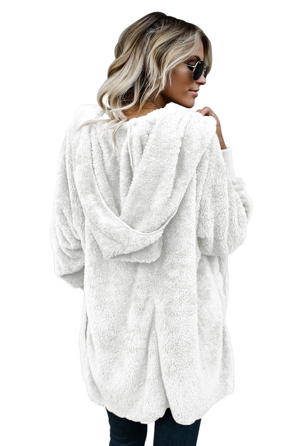 Off White Soft Fleece Hooded Open Front Coat