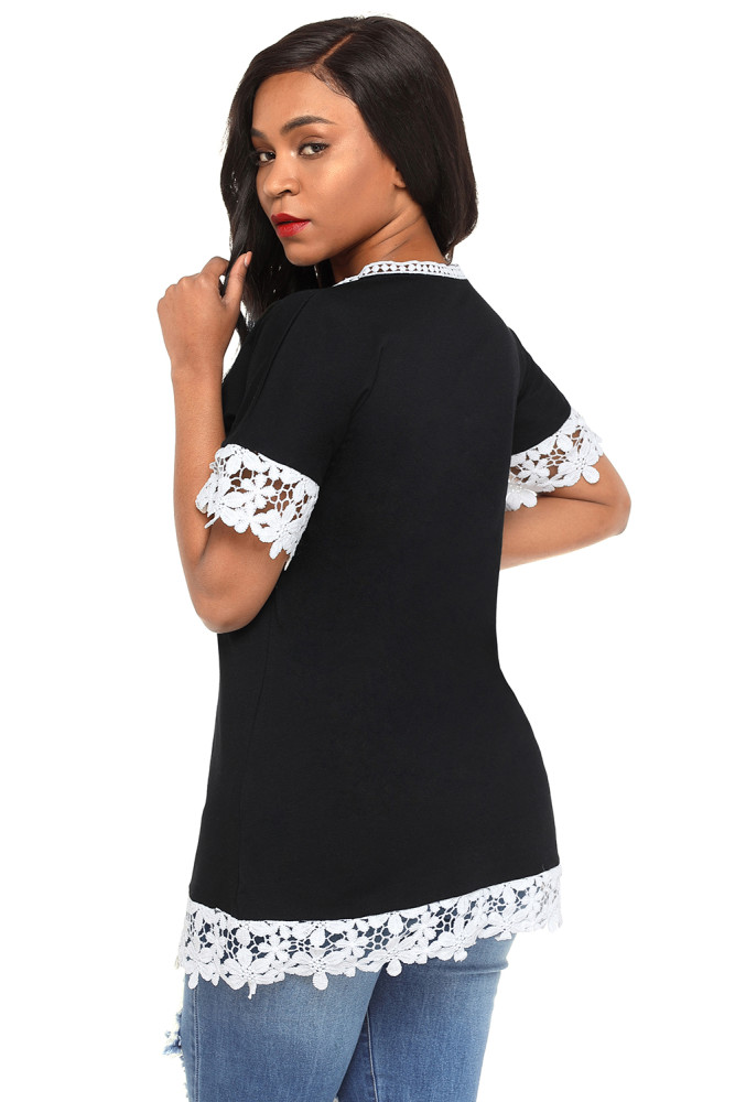 Delicate Lace Trim Black Short Sleeve Top