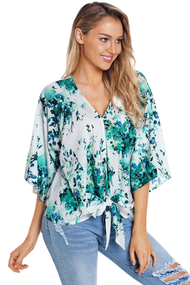 White Flowerlet Print Tie Front Kimono Sleeve Blouse