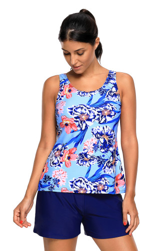 Blue Coral Floral Print Tankini and Short Swimsuit