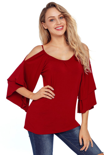 Burgundy Layered Sleeves Ruffled Off Shoulder Blouse
