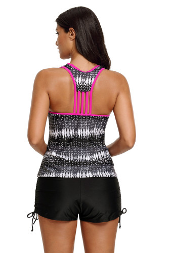 Black Print Tummy Control Sport Tankini Top