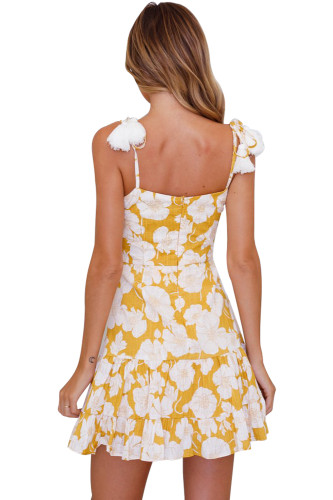 Yellow Floral Print Tassel Tie Sweet Sundress