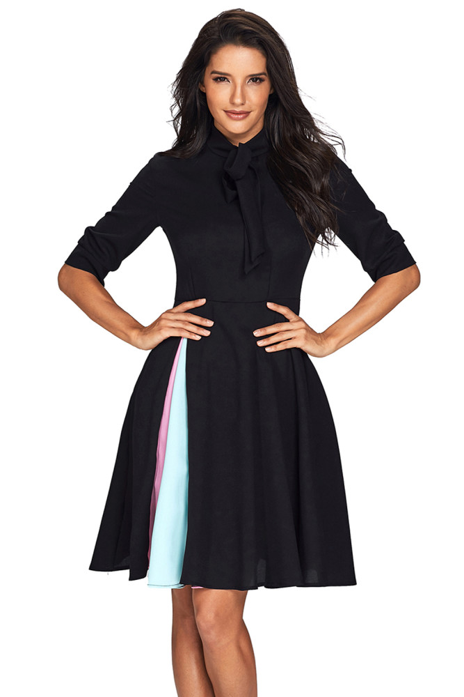 False Slit Splice Black Bow Tie Vintage Dress