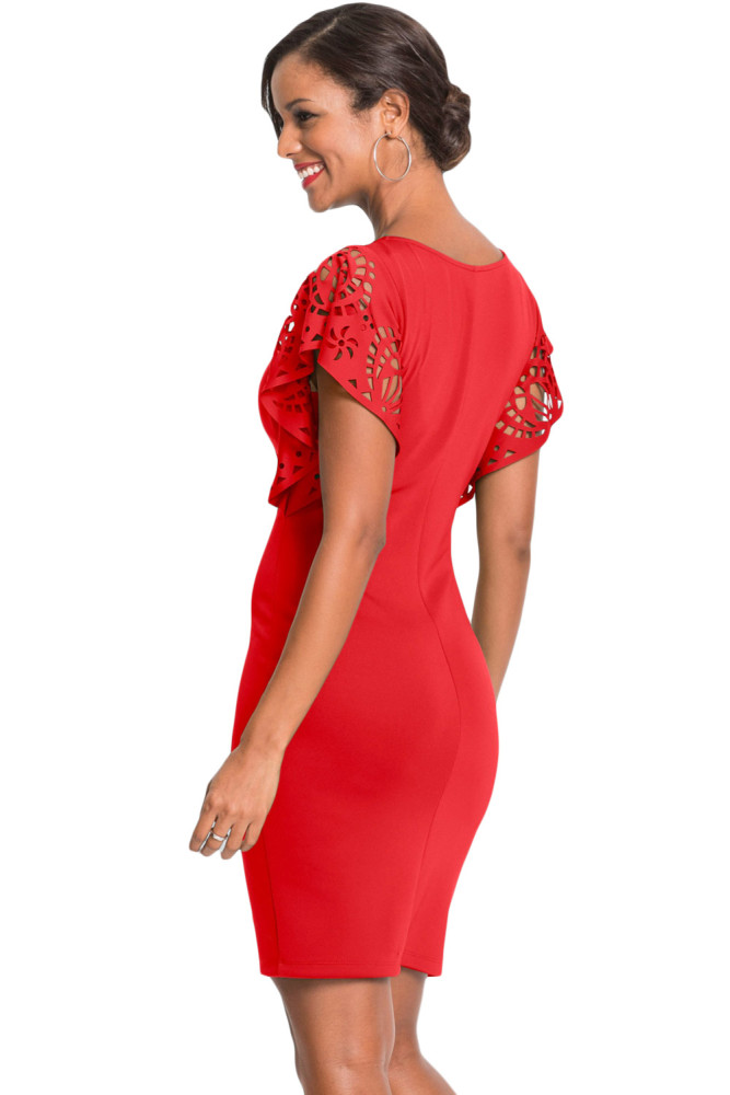 Red O-Neck Hollow Out Cloak Sleeve Bodycon Mini Dress