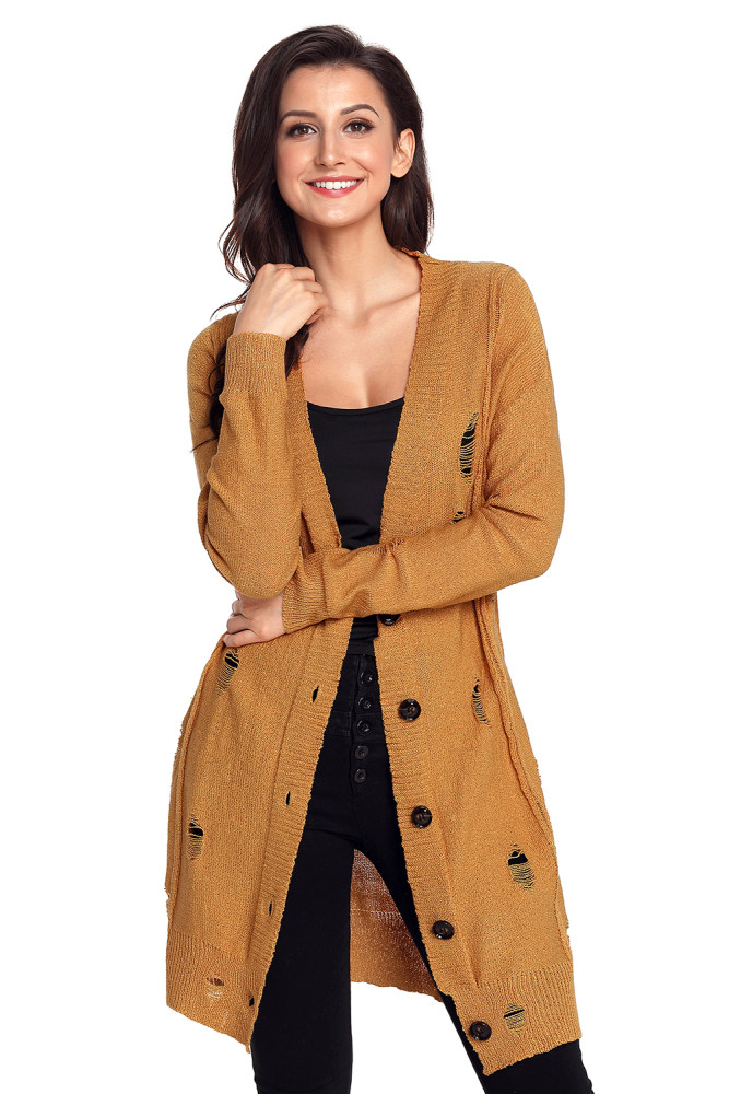 Khaki Distressed Button Cardigan