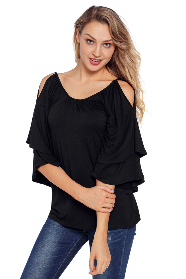 Black Layered Sleeves Ruffled Off Shoulder Blouse