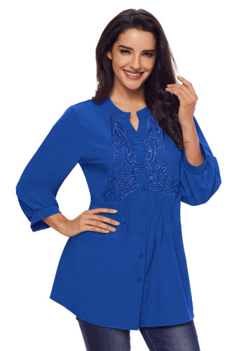 Blue Lace and Pleated Detail Button up Blouse