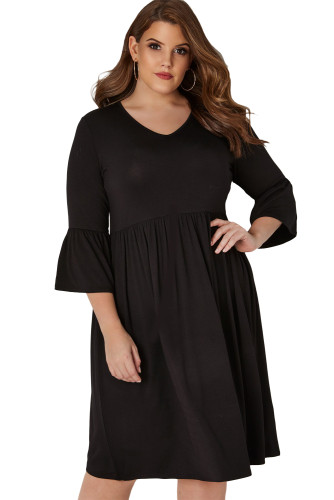 Black Flute Sleeves Plus Size Jersey Dress