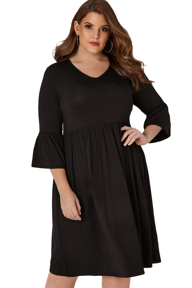 Black Flute Sleeves Plus Size Jersey Dress