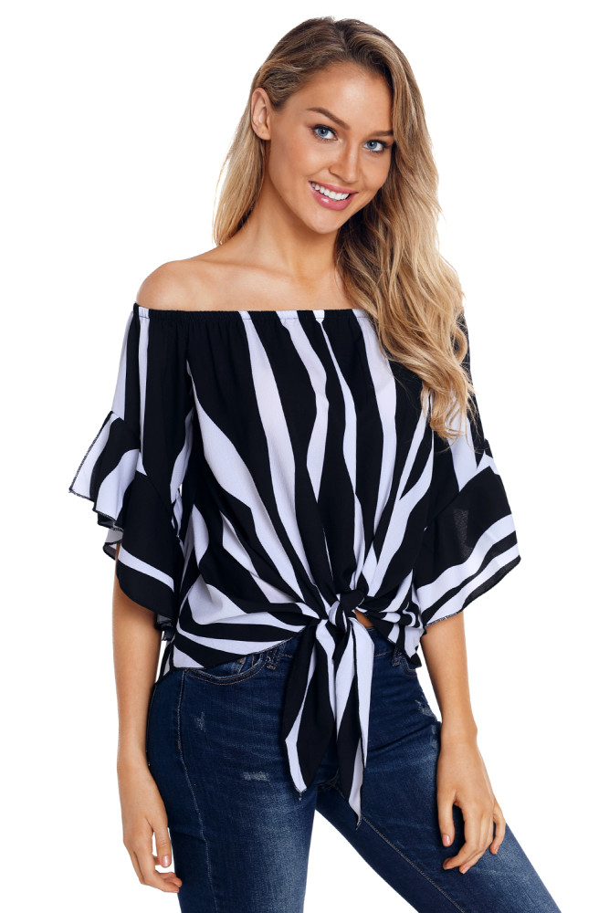 Off The Shoulder Vertical Stripes Blouse in Black