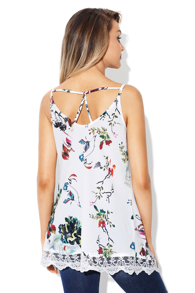 Lace Hem White Floral Strappy Cami Top
