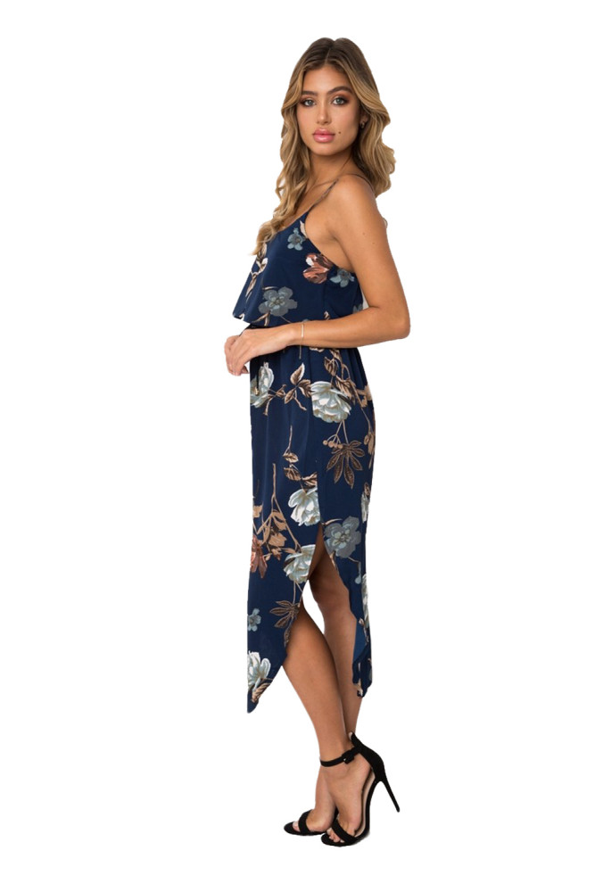 Navy Floral Print Summer Holiday Party Boho Dress