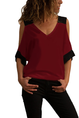 Burgundy Black Color Block Cold Shoulder Top