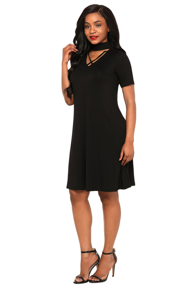 Black Soft Jersey Knit Cross Front Choker Dress