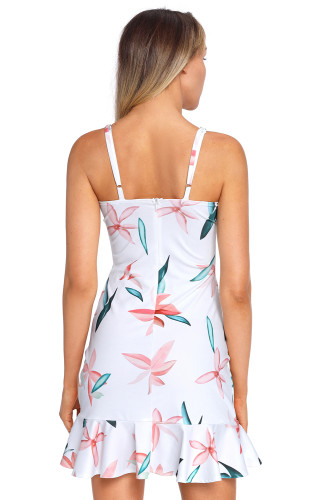 Flowers and Leaves Print Ruffle Hem Mini Dress