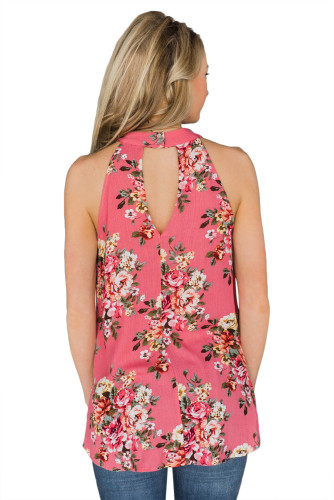 Coral Pink Floral Back Cutout Sleeveless Top