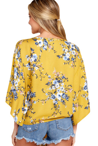 Mustard Flowery Print Tie Front Kimono Sleeve Blouse