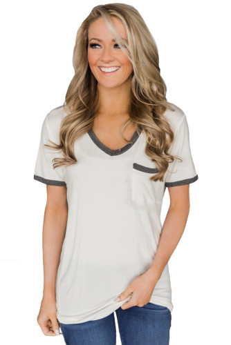 Gray Trimmed White V Neck Pocket Top