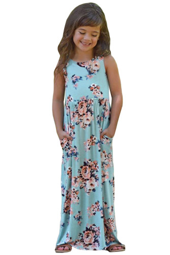 Light Blue Floral Print Sleeveless Little Girl Maxi Dress