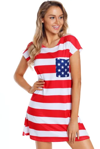 Star Patch Pocket Striped Flag Shirt Dress