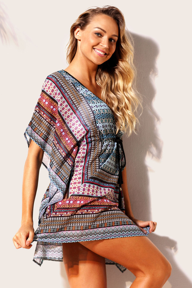 Blue Multicolor Bohemian Print Caftan Cover-up