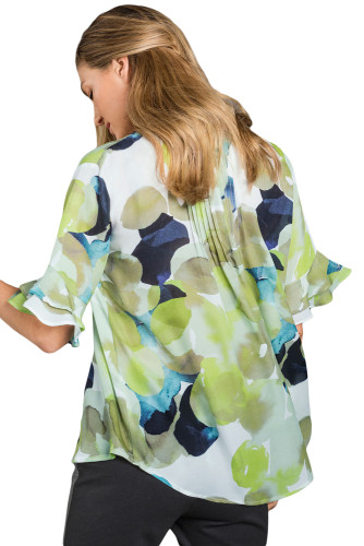 Draped Tie Dye Print Blouse with Flounced Sleeves