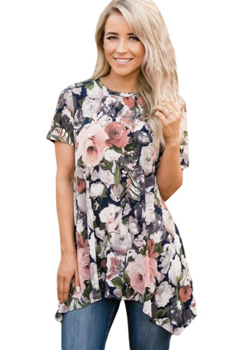 Watercolor Floral Irregular Hem Short Sleeve Blouse