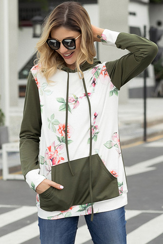 Army Green Kangroo Pocket Floral Hoodie