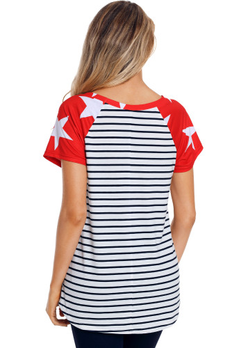 Star Short Sleeves Red Black American Flag T-shirt