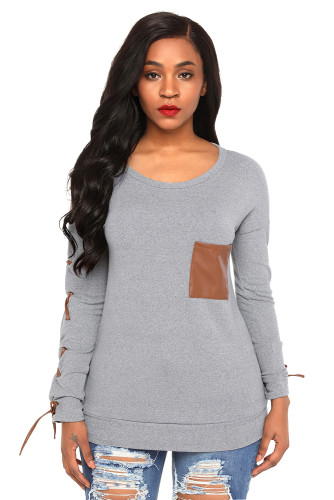 Gray Lace up Sleeve Front Pocket Womens Casual Sweatshirt