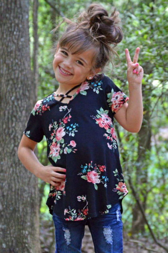 Black Crisscross V Neck Little Girl Floral Top