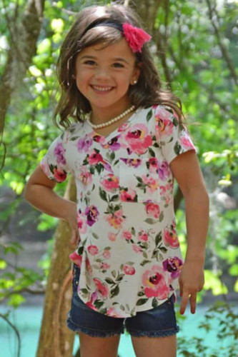 White Pink Floral Print Girls’ Short Sleeve Tee