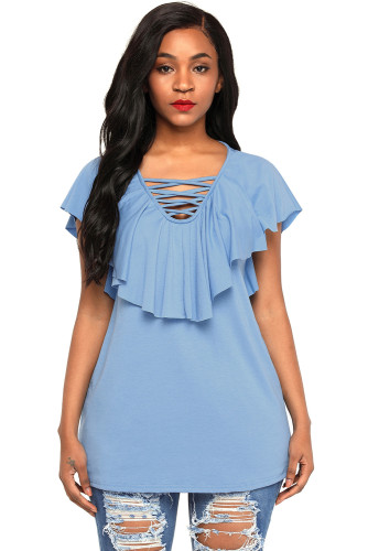 Light Blue Deep V Neck Lace up Ruffle Short Sleeves Top