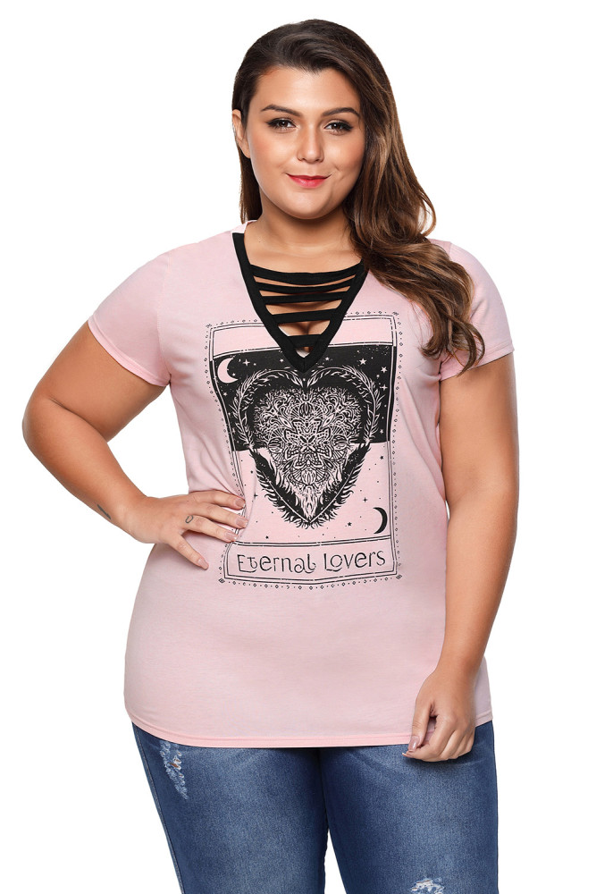 Strappy V-Neck Graphic Print Peachy Plus Size T-shirt