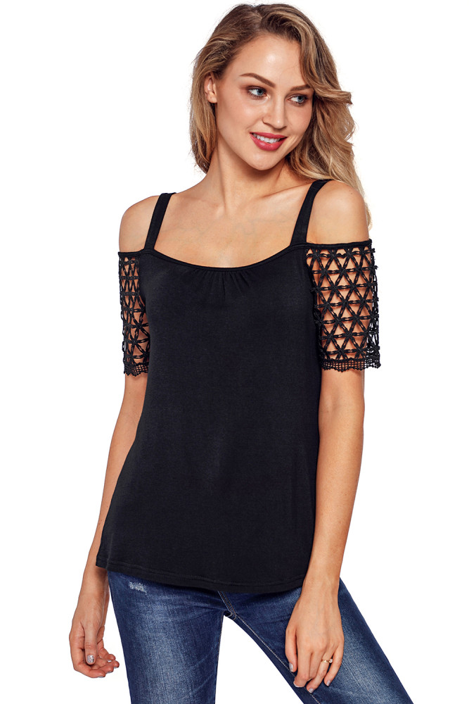 Black Floral Crochet Short Sleeve Cold Shoulder Top