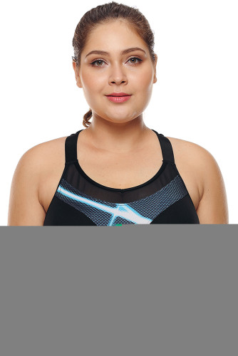 Black Mesh and Print Patchwork Yoga Bra