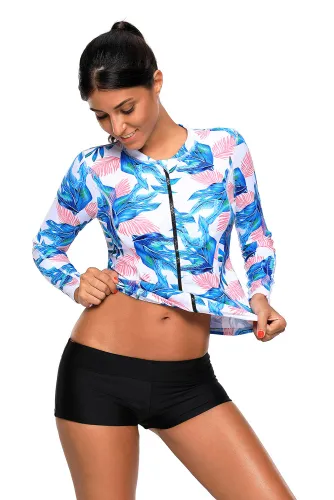 Blue Pink Tropical Leaf Zipped Rashguard Top