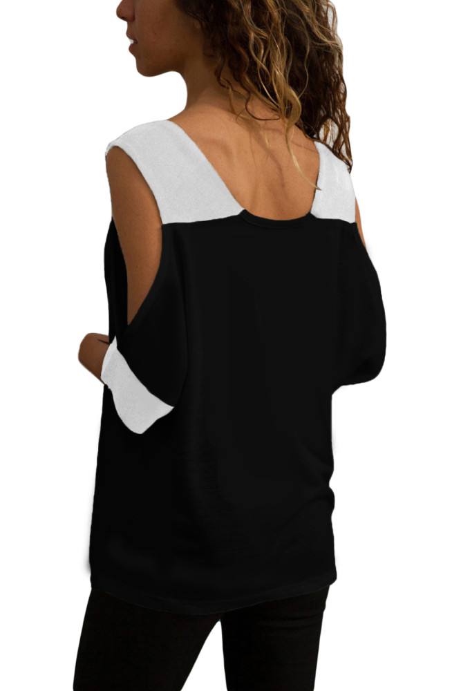 Black White Color Block Cold Shoulder Top