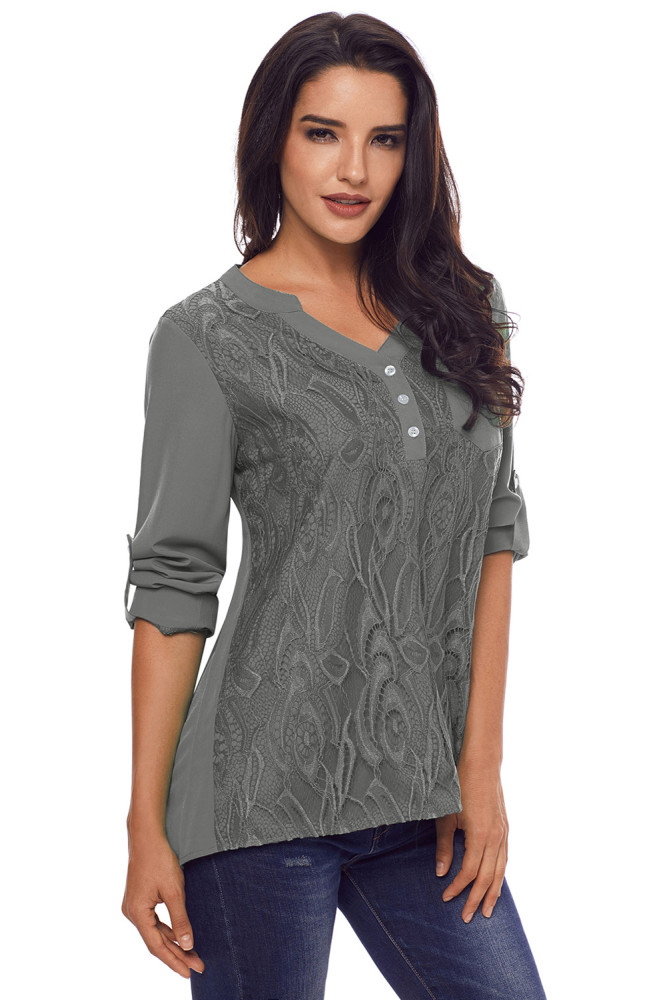 Gray Lace Panel Split Neck Roll Tab Sleeve Blouse