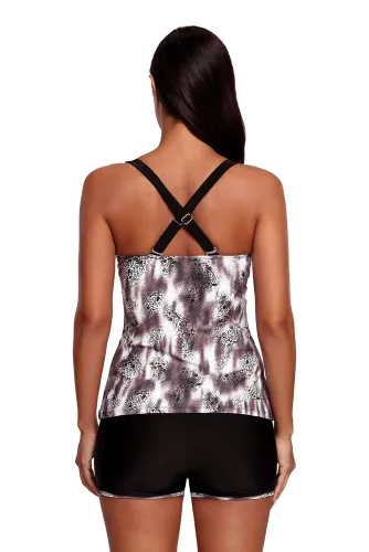 Fuzzy Leopard Print Crisscross Open Back Tankini