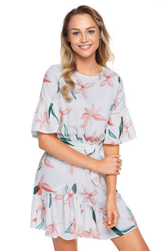 Pink Floral Pattern Ruffle Hem Chiffon Dress