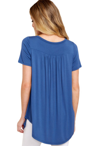 Blue Button Front Babydoll Flowy Tee Top with Pleats