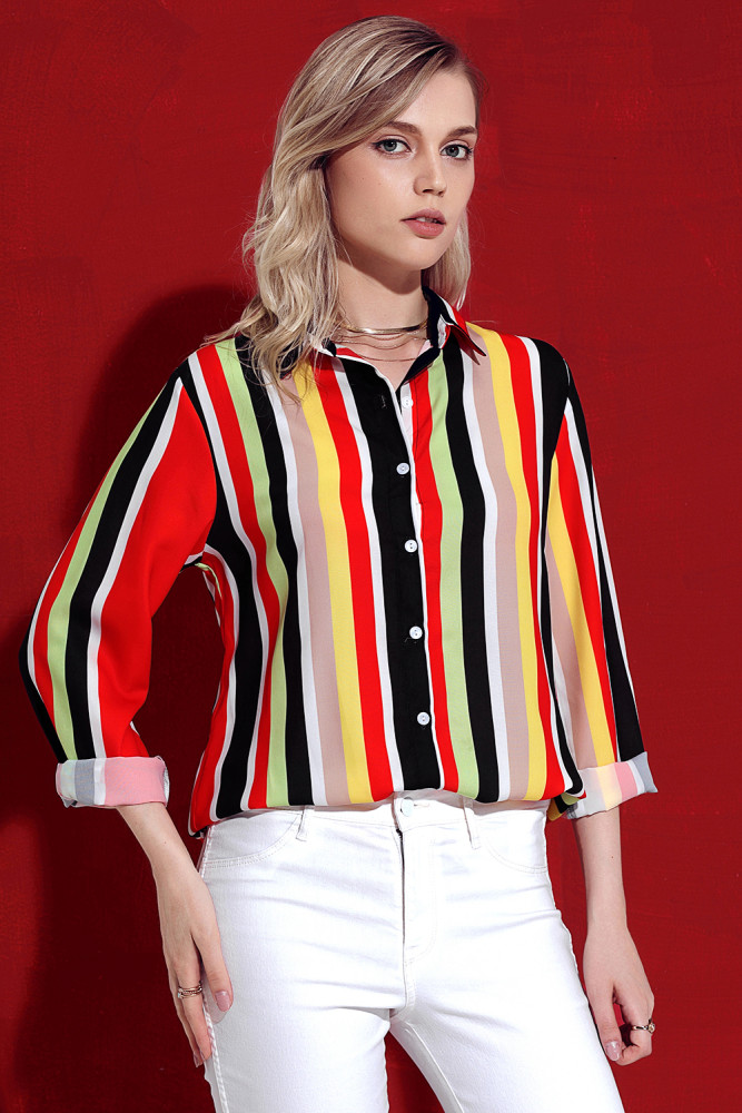 Red Multicolor Stripe Long Sleeve Button Down Shirt